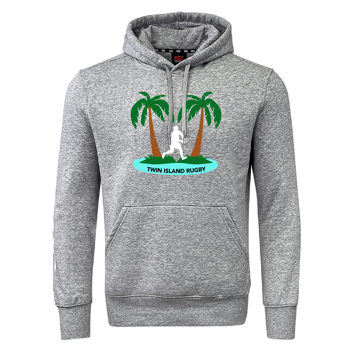 The Twin Island Rugby Club Hoodie by Canterbury, from WRS Canterbury, features a gray design with two palm trees, a rugby player graphic, and "TWIN ISLAND RUGBY" on the front—ideal as your custom team or rugby club hoodie.