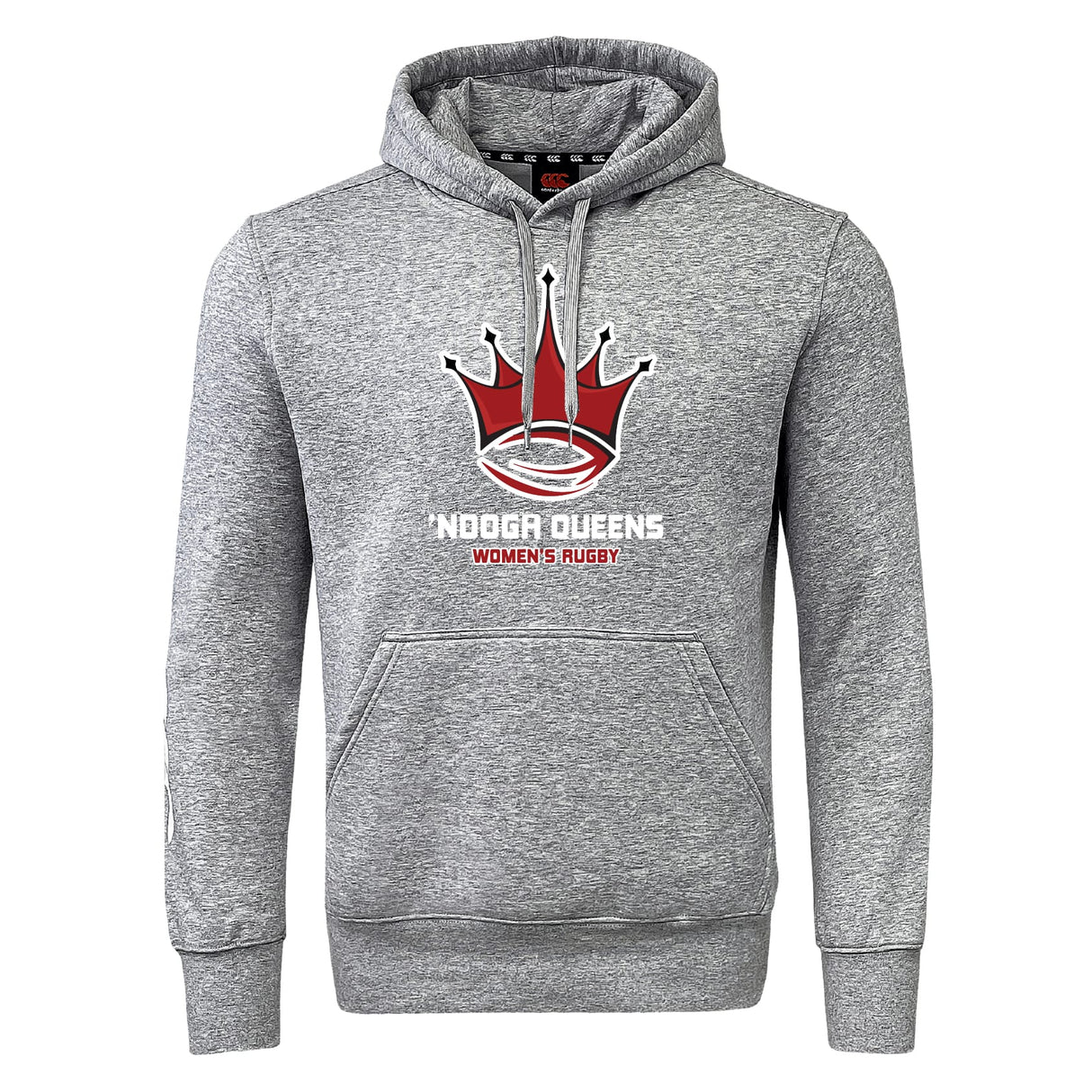A grey Chattanooga Queens Rugby Club Hoodie by WRS Canterbury, featuring a red and black crown logo above "NDOGRA QUEENS WOMEN'S RUGBY" on the front.