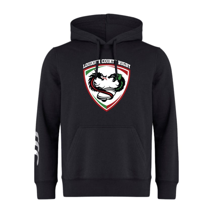 The Loudoun Club Hoodie by Canterbury is made from sweatshirt fleece and showcases a Loudoun County Rugby logo along with WRS Canterbury branding, accompanied by an eye-catching white graphic on the right sleeve.