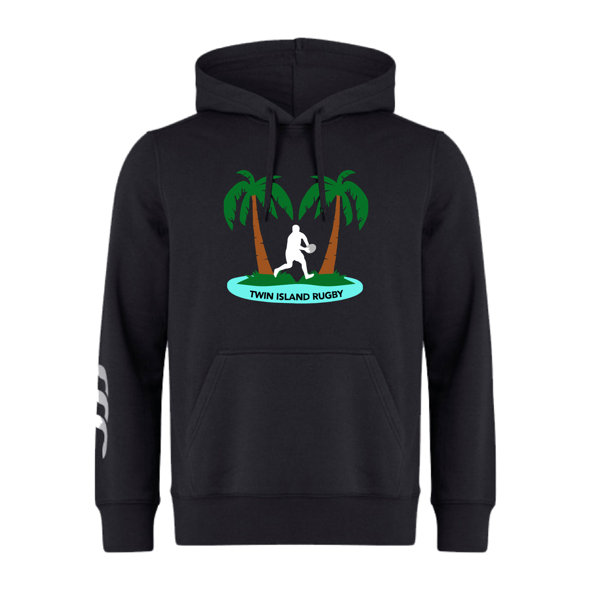 The Twin Island Rugby Club Hoodie by WRS Canterbury features two palm trees, a rugby player silhouette, "TWIN ISLAND RUGBY" on a blue oval, and white stripes on the left sleeve—perfect for team style and comfort.