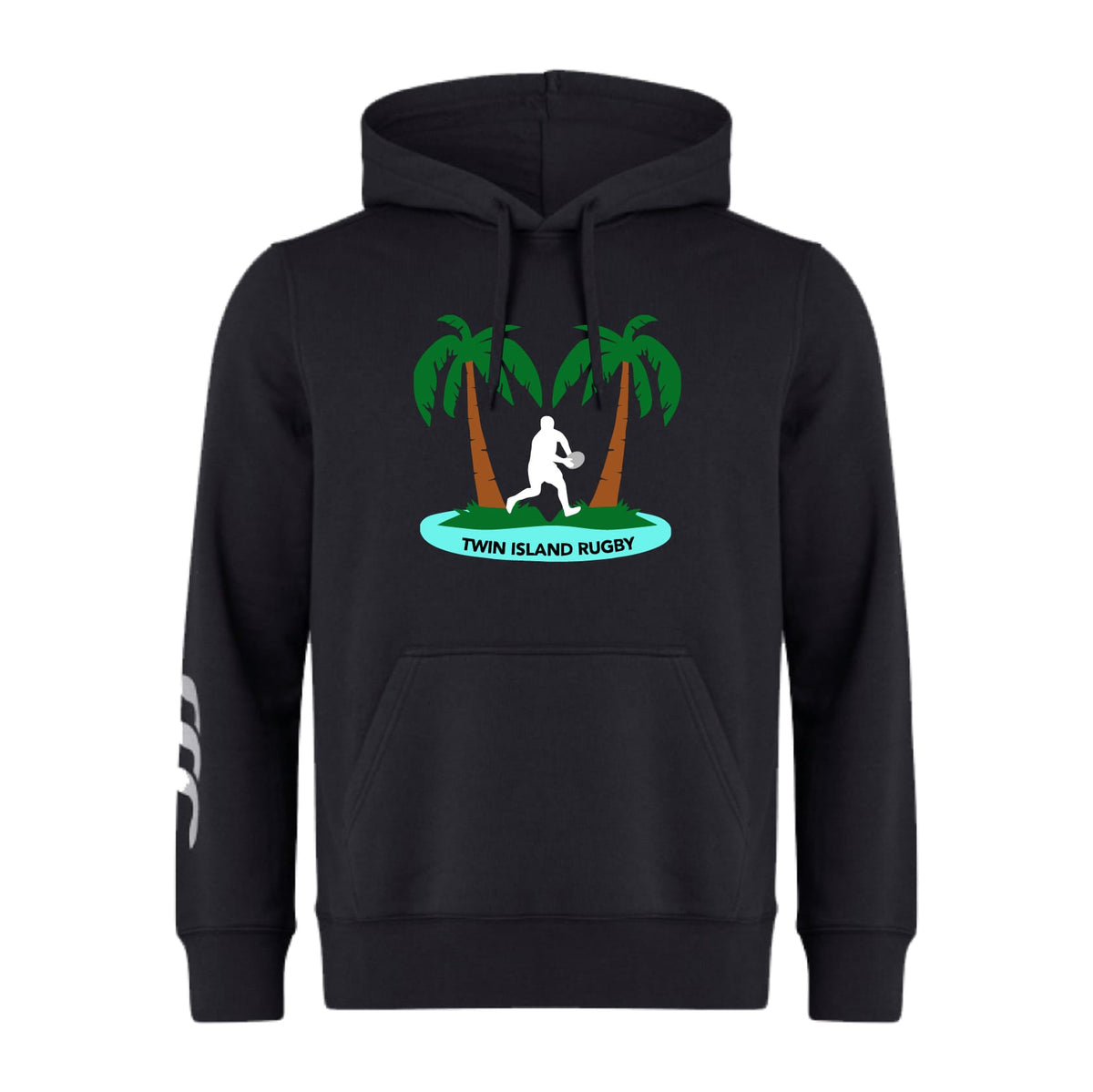 The Twin Island Rugby Club Hoodie by WRS Canterbury features two palm trees, a rugby player silhouette, "TWIN ISLAND RUGBY" on a blue oval, and white stripes on the left sleeve—perfect for team style and comfort.