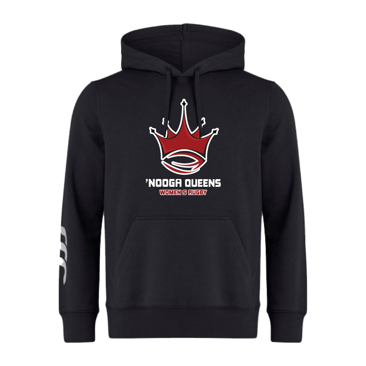 The Chattanooga Queens Rugby Club Hoodie by WRS Canterbury is a black rugby hoodie with a red and white crown logo, "Nooga Queens Women's Rugby" on the front, and white sleeve stripes—ideal for any rugby team.