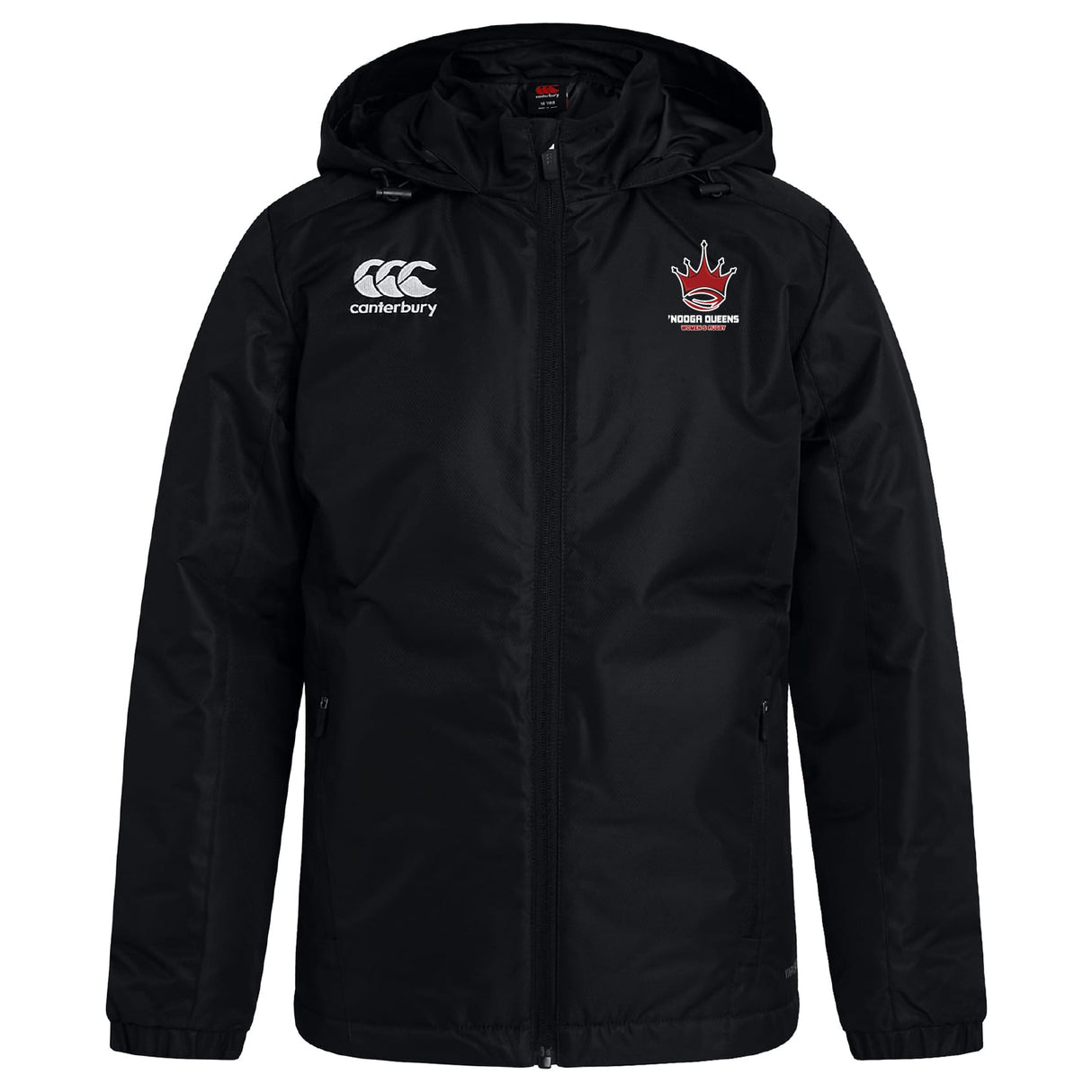 The EMB Canterbury Chattanooga Queens Rugby Club Vaposhield Full Zip Rain Jacket features a front zipper, Canterbury logo on the right chest, crown emblem with "Rodez Rugby" on the left, and water-resistant VapoShield fabric.