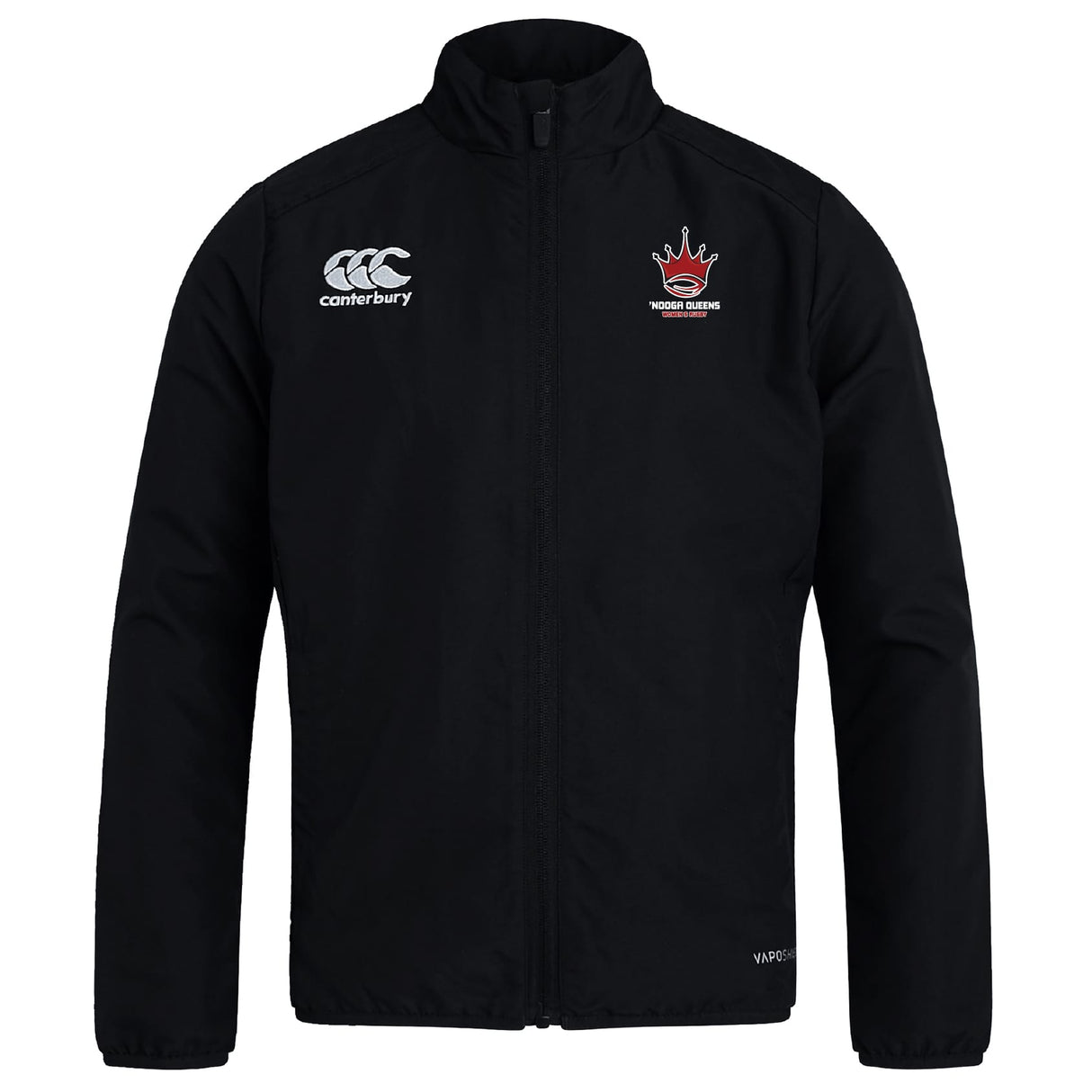 The Chattanooga Queens Rugby Club Track Jacket by EMB Canterbury is a lightweight black zip-front jacket featuring the Canterbury logo on the right chest and a crown with text logo on the left, offering sporty style and comfort.