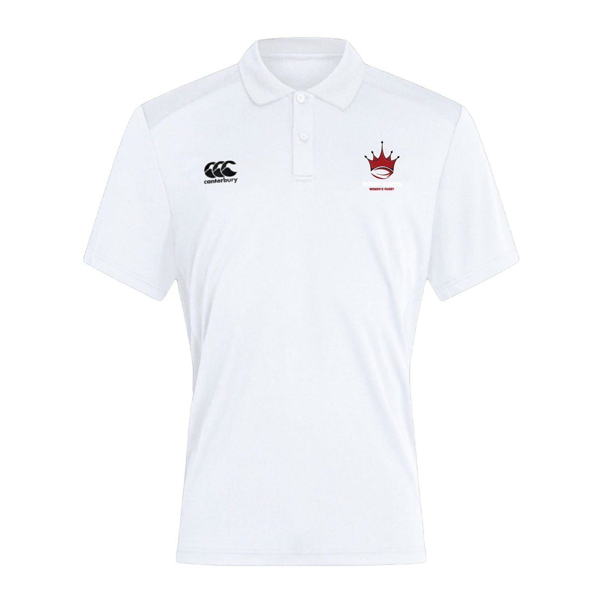 The Chattanooga Queens Rugby Club Dry Polo by EMB Canterbury is a white short-sleeve polo with a black Canterbury logo on the left chest and a red crown logo with text on the right. Features advanced Vapodri tech for breathable comfort.