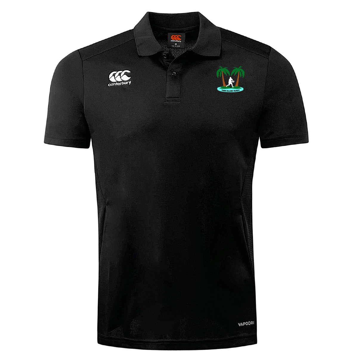 The Twin Island Rugby Club Dry Polo by EMB Canterbury is a black short-sleeve polo with a white Canterbury logo, an embroidered palm tree island graphic, and Vapodri technology for cool, breathable comfort.