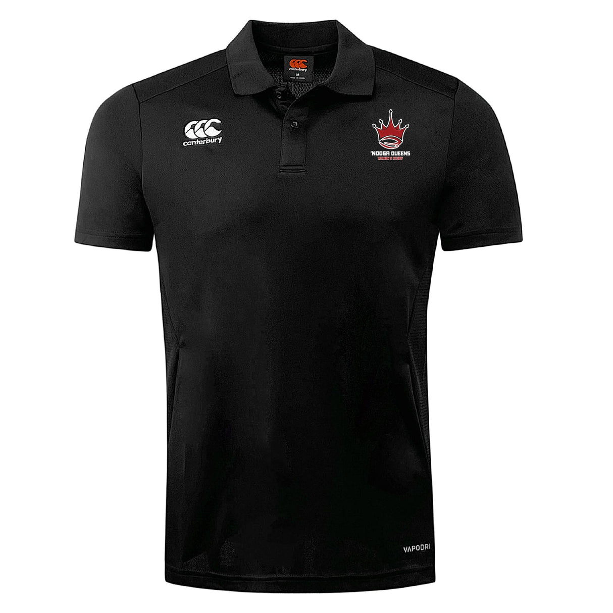 Black short-sleeve Chattanooga Queens Rugby Club Dry Polo by EMB Canterbury; features club logos on chest, collar, button placket, and Vapodri technology for breathable comfort.