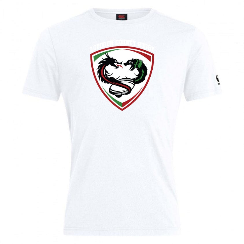 White cotton blend T-shirt featuring a dragon-themed rugby logo and the text "London County Rugby" on the chest, complete with WRS Canterbury branding, named the Loudoun Club Plain Tee.