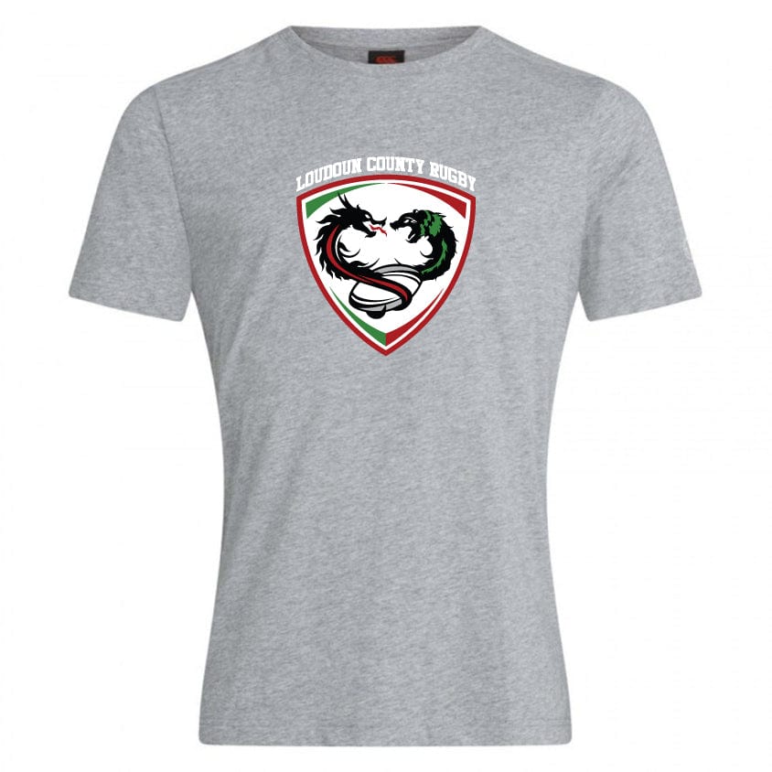 The Loudoun Club Plain Tee by WRS Canterbury is a gray T-shirt that features the Loudoun County Rugby logo, depicting two lions facing each other within a shield outline. Crafted from a soft cotton blend, it includes subtle Canterbury branding for an extra touch of style.