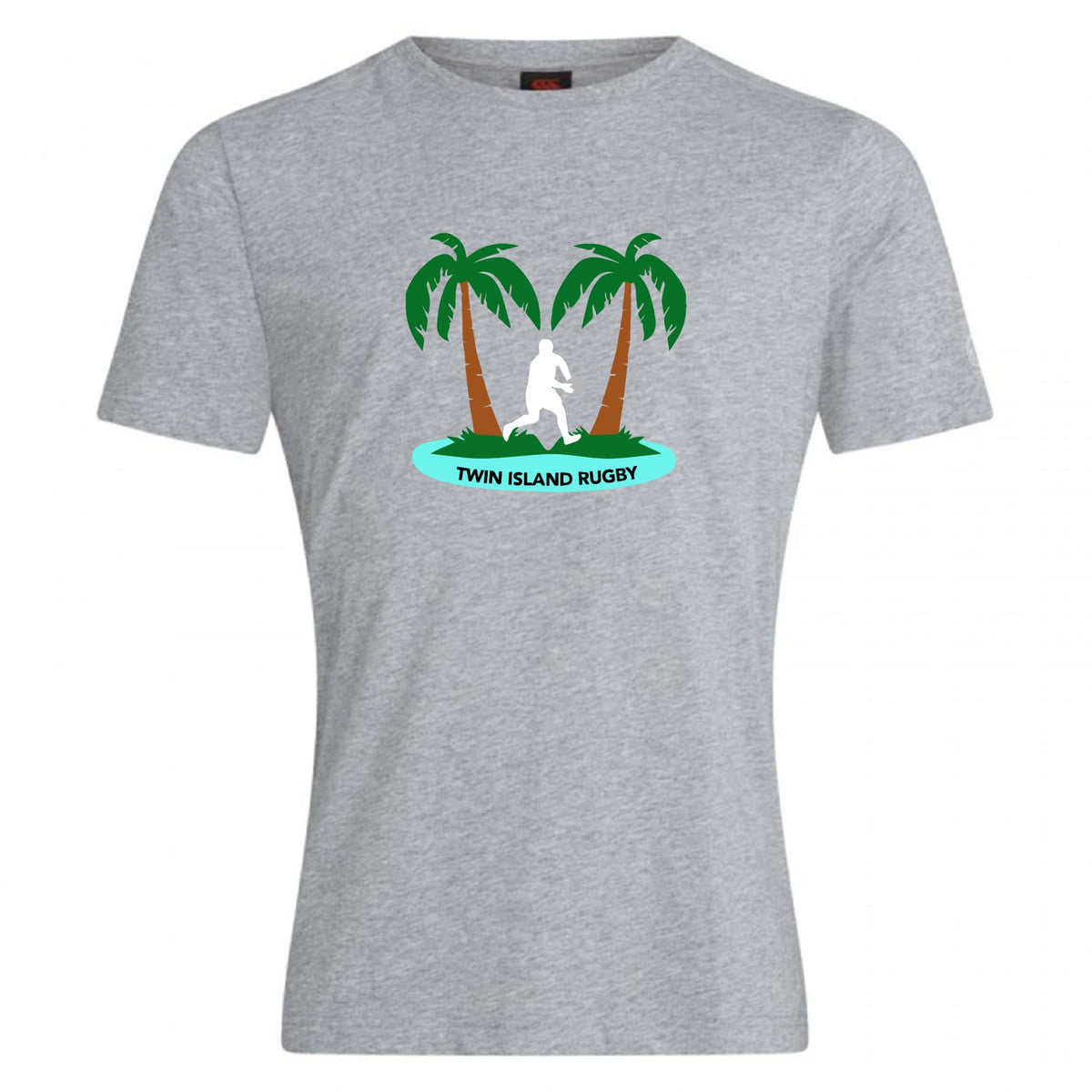 The Twin Island Rugby Club Plain Tee by WRS Canterbury is a grey cotton-blend shirt with two palm trees, a rugby player silhouette, and "TWIN ISLAND RUGBY"—a standout customizable t-shirt for any fan.