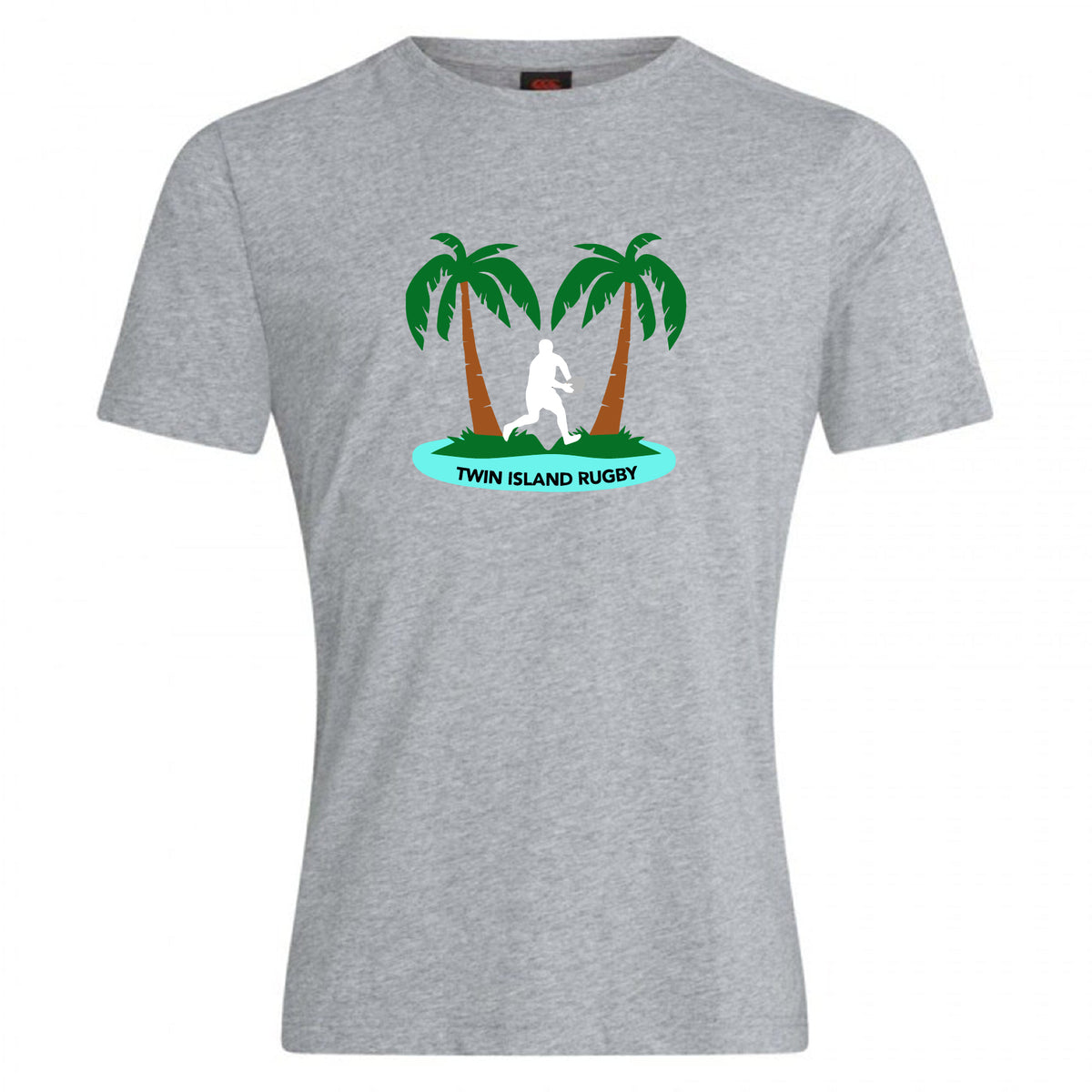 The Twin Island Rugby Club Plain Tee by WRS Canterbury is a grey cotton-blend shirt with two palm trees, a rugby player silhouette, and "TWIN ISLAND RUGBY"—a standout customizable t-shirt for any fan.