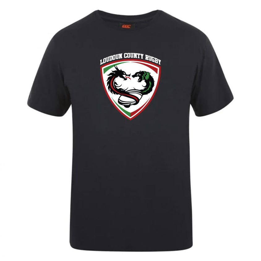 WRS Canterbury's Loudoun Club Plain Tee in black cotton blend, featuring the Loudoun County Rugby logo with two facing dragons and subtle Canterbury branding.