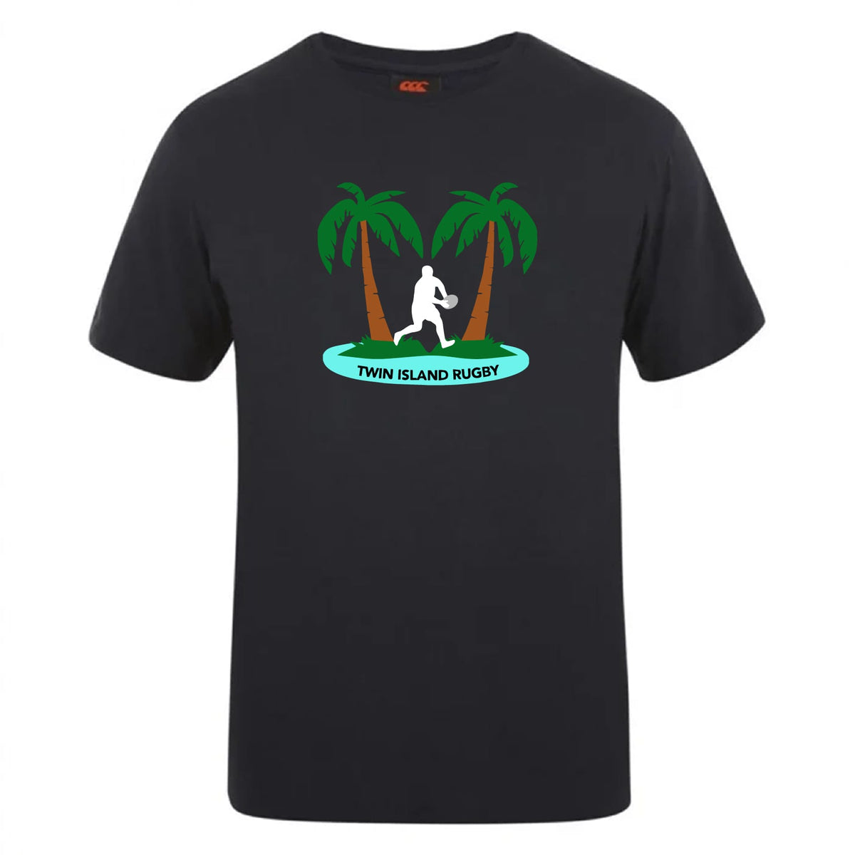 The Twin Island Rugby Club Plain Tee by Canterbury from WRS Canterbury is a black cotton blend shirt, featuring palm trees, a rugby player silhouette, and "TWIN ISLAND RUGBY"—ideal for fans seeking a customizable t-shirt.