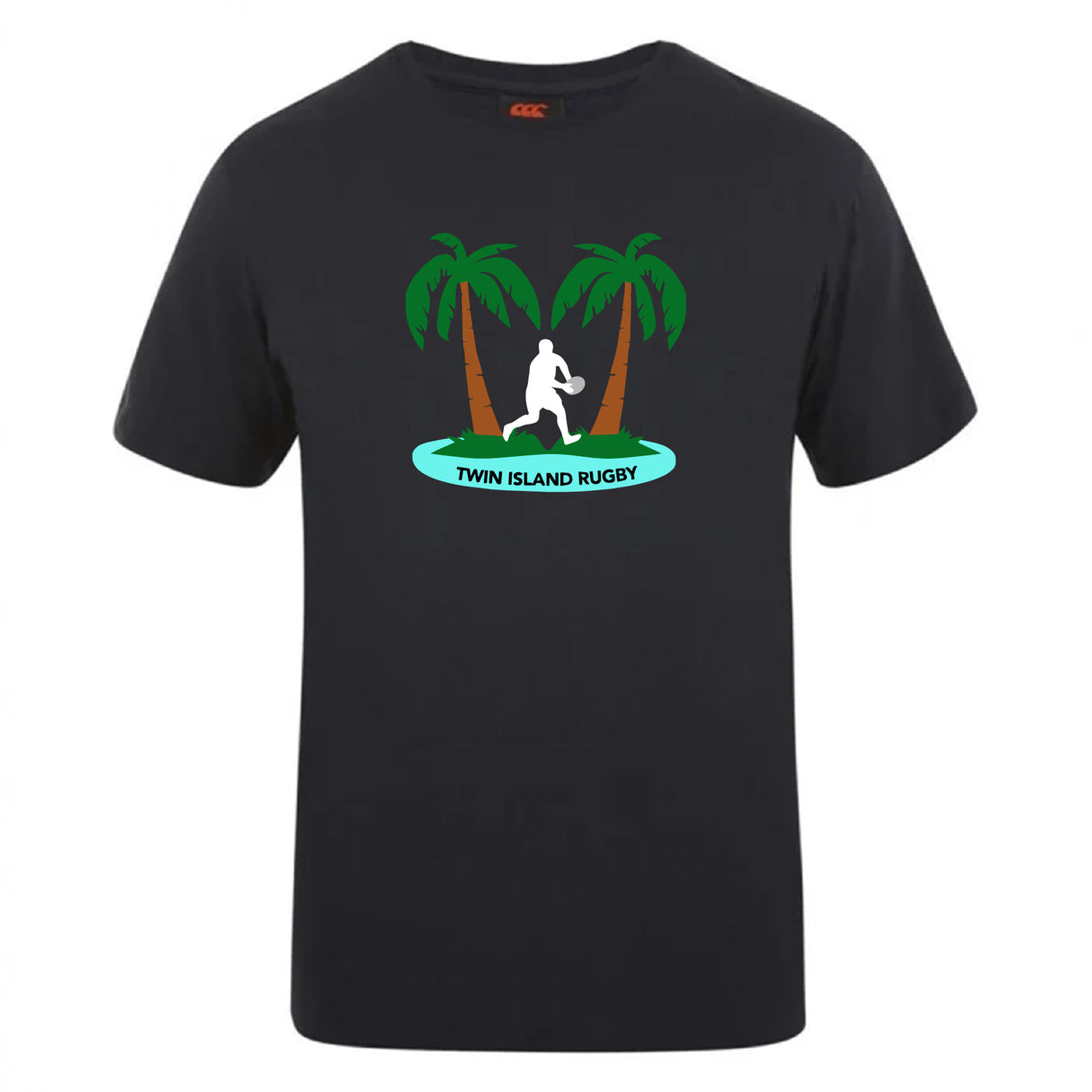 The Twin Island Rugby Club Plain Tee by Canterbury from WRS Canterbury is a black cotton blend shirt, featuring palm trees, a rugby player silhouette, and "TWIN ISLAND RUGBY"—ideal for fans seeking a customizable t-shirt.