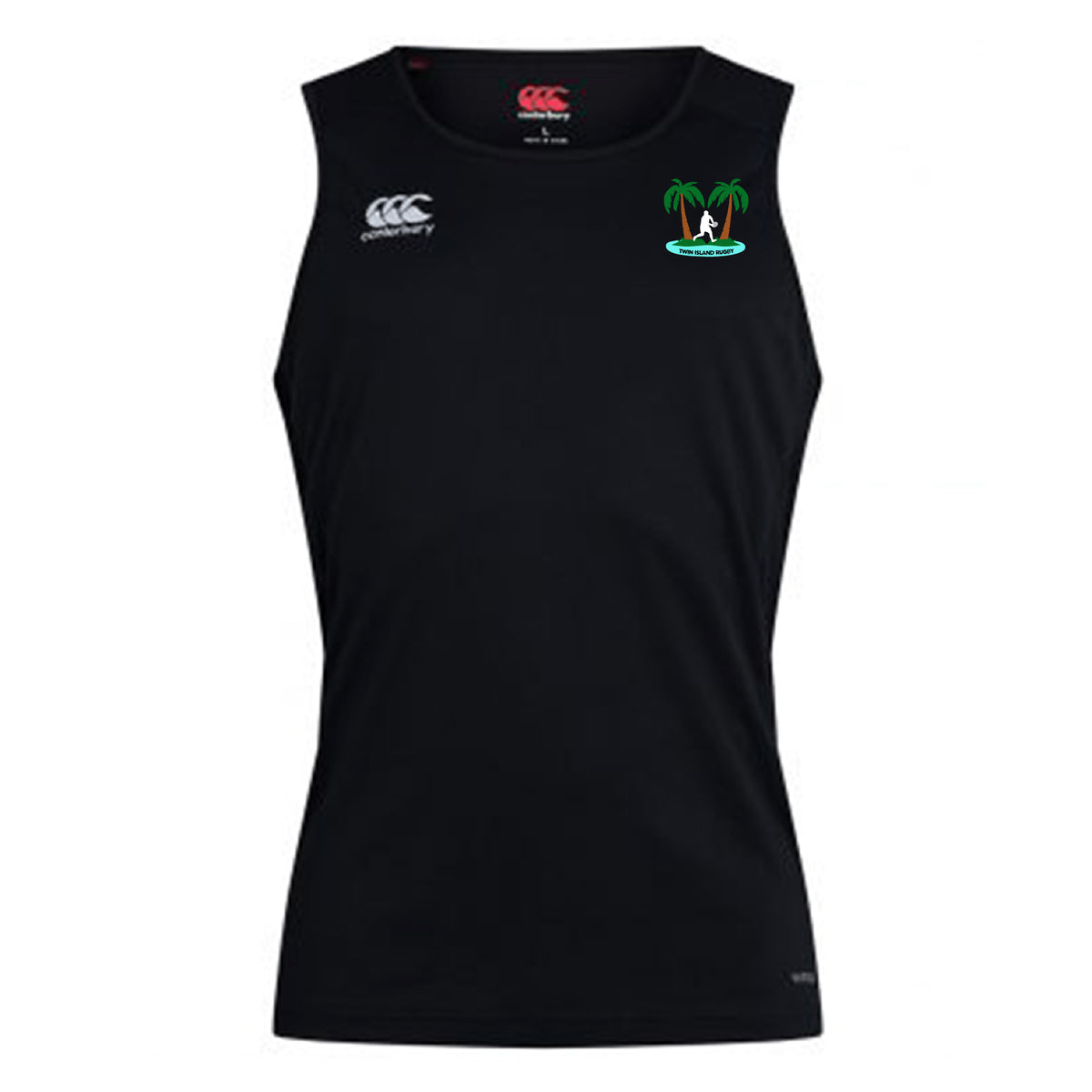 The Twin Island Rugby Club Dry Singlet by Canterbury (EMB Canterbury) is black, with Vapodri Technology, featuring a small palm tree and surfboard graphic on the left chest and a white Canterbury logo on the right.