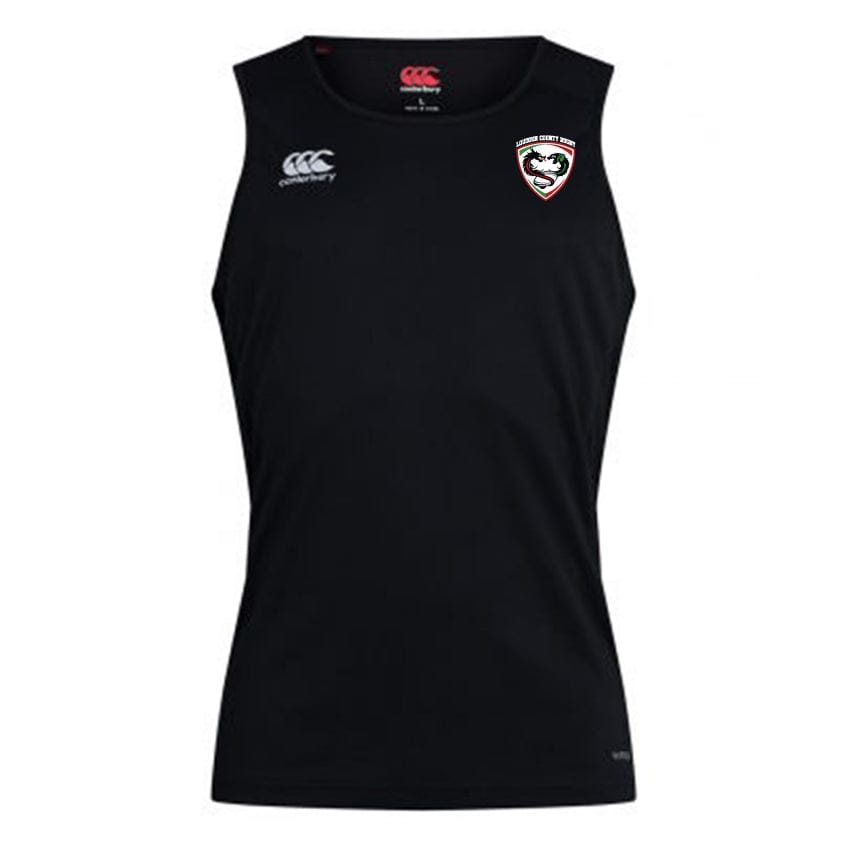 Loudoun Club Dry Singlet by EMB Canterbury is a black sleeveless sports top with a logo on the left chest and a white design on the right shoulders, featuring Vapodri Technology for enhanced comfort during workouts.