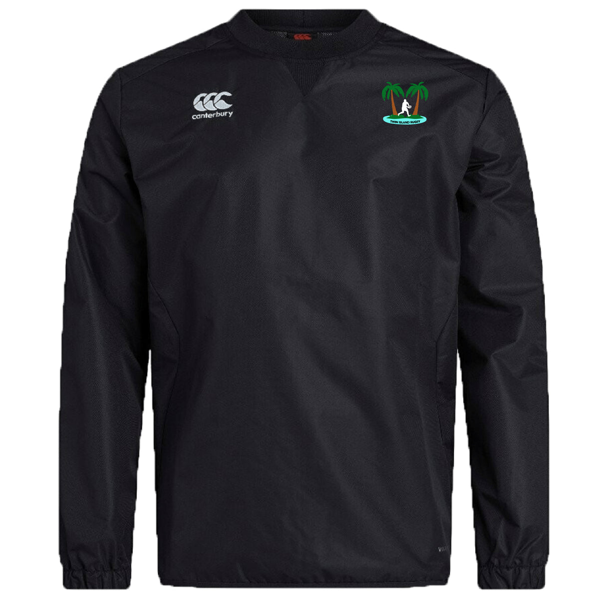 The Twin Island Rugby Club Vaposhield Contact Top by EMB Canterbury is a black long-sleeve pullover with Canterbury and palm tree logos on the chest, featuring water repellent VapoShield technology.