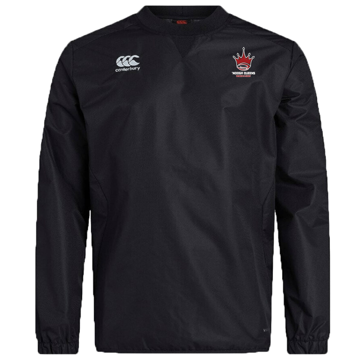 The Chattanooga Queens Rugby Club Vaposhield Contact Top by EMB Canterbury is a black long-sleeve top with a round neck, featuring Vaposhield tech, the Canterbury logo on the right chest, and a crowned team crest with text on the left chest.
