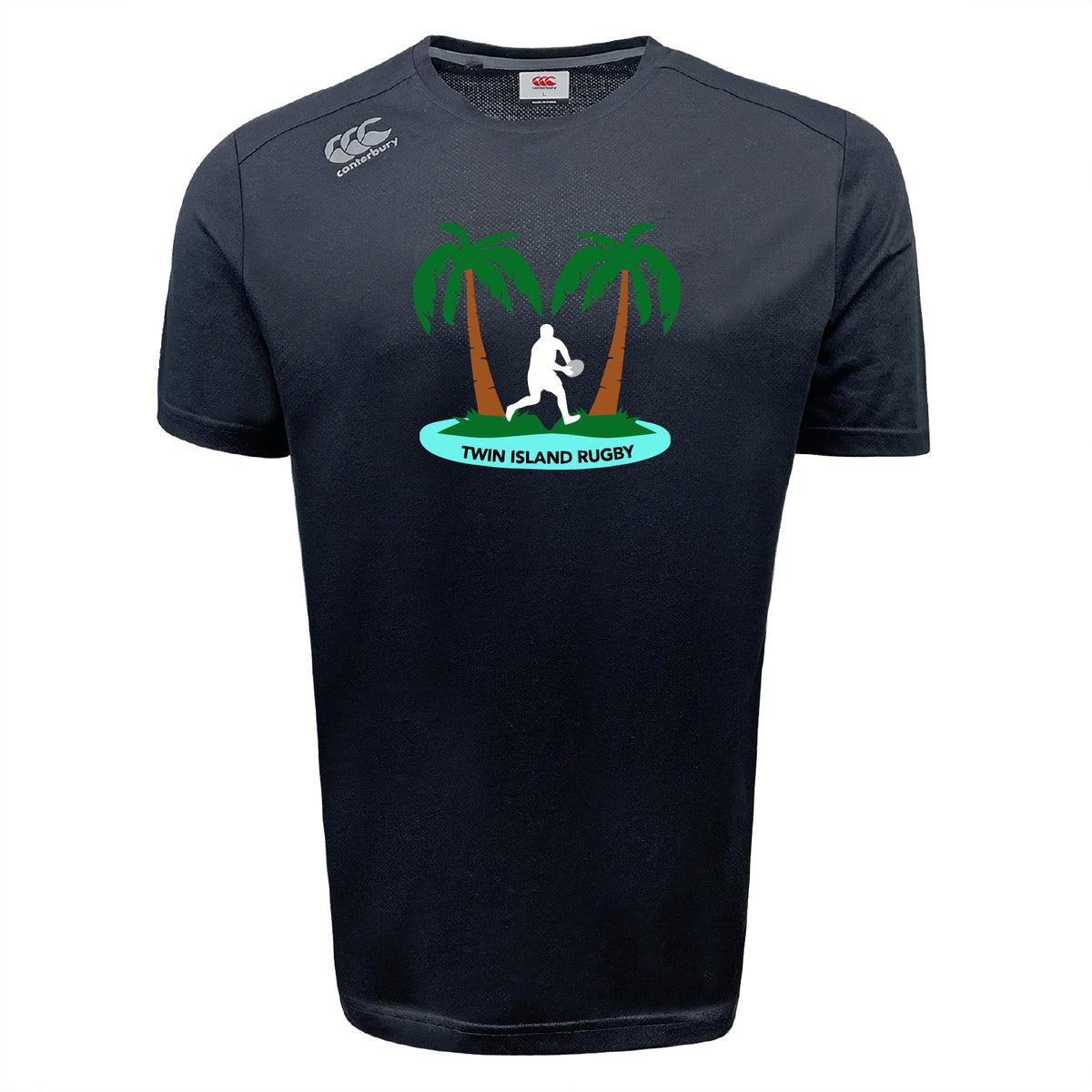 The Twin Island Rugby Tempo Vapodri T-Shirt by WRS Canterbury features two palm trees, a rugby player silhouette, and "Twin Island Rugby" text. Moisture-wicking fabric keeps you cool and comfortable on and off the field.