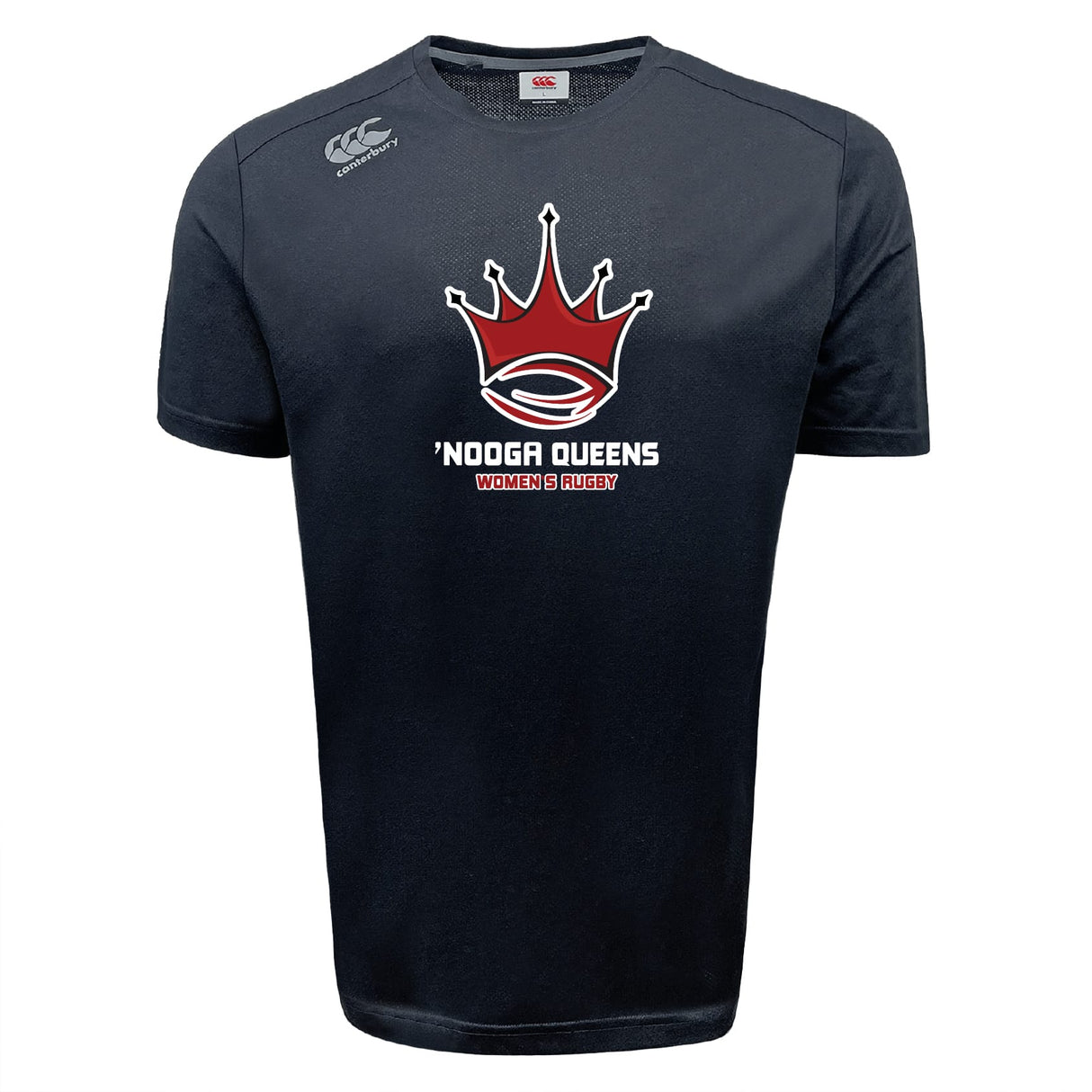 The Chattanooga Queens Rugby Tempo Vapodri T-Shirt by WRS Canterbury is a black sports tee with a red and white crown logo, "NOOGA QUEENS WOMEN'S RUGBY" on the front, moisture-wicking fabric, and a Canterbury logo on the right shoulder.