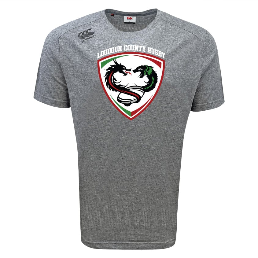 The Loudoun Tempo Vapodri T-Shirt by WRS Canterbury boasts a moisture-wicking gray fabric, adorned with a "Loudoun County Rugby" logo featuring a stylized dragon, and is enhanced with VapoDri technology for peak performance.
