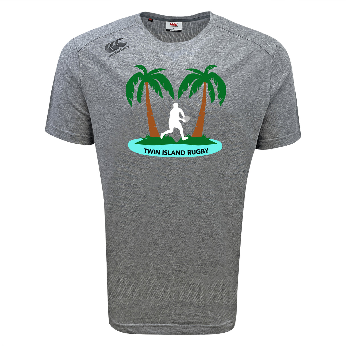 The Twin Island Rugby Tempo Vapodri T-Shirt by WRS Canterbury is a gray, moisture-wicking tee featuring two palm trees, a rugby player silhouette, and "TWIN ISLAND RUGBY" text below the image.