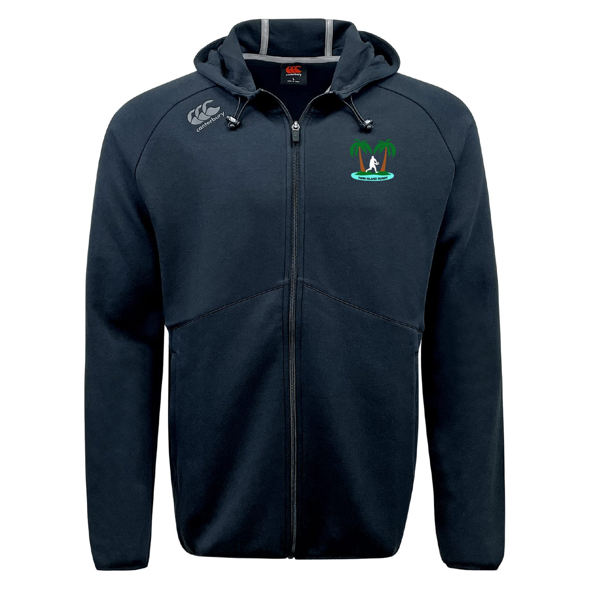 The Twin Island Rugby Tempo Vapodri Full-Zip Hoodie by EMB Canterbury is a black hoodie with a zip front, hood, green and white palm tree logo on the chest, grey Canterbury logo on the shoulder, and moisture-wicking comfort.