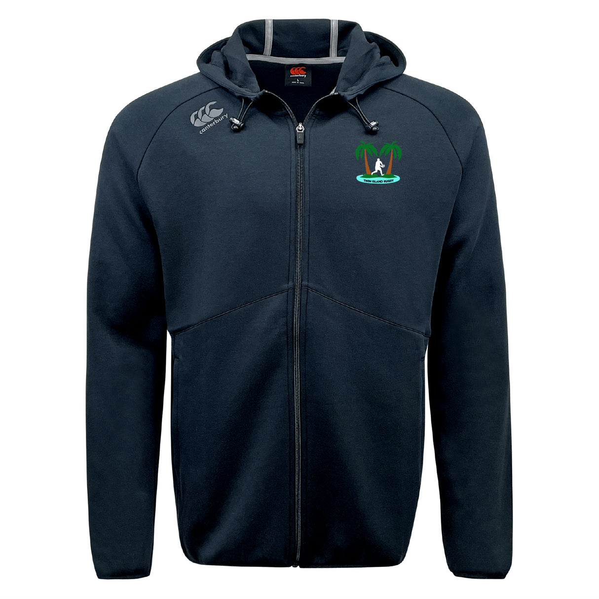The Twin Island Rugby Tempo Vapodri Full-Zip Hoodie by EMB Canterbury is a black hoodie with a zip front, hood, green and white palm tree logo on the chest, grey Canterbury logo on the shoulder, and moisture-wicking comfort.