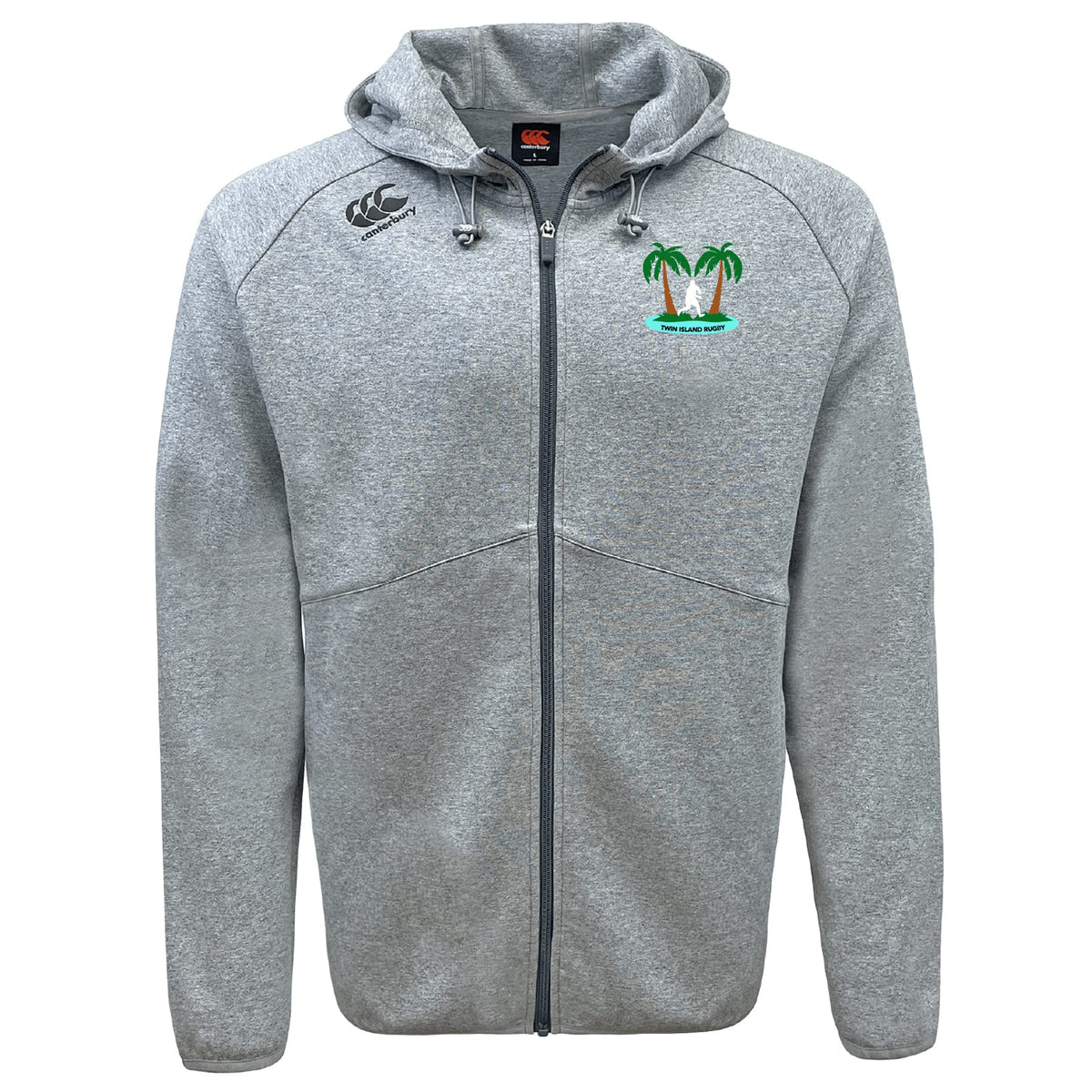 The Twin Island Rugby Tempo Vapodri Full-Zip Hoodie by EMB Canterbury is a light gray zip-up hoodie with a hood, embroidered twin palm trees on the left chest, a small black logo on the right shoulder, and moisture-wicking comfort.