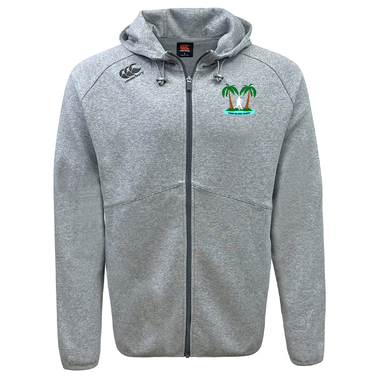 The Twin Island Rugby Tempo Vapodri Full-Zip Hoodie by EMB Canterbury is a light gray zip-up hoodie with a hood, embroidered twin palm trees on the left chest, a small black logo on the right shoulder, and moisture-wicking comfort.