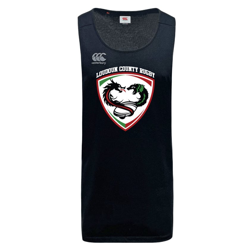 The Loudoun Tempo Vapodri Singlet by Canterbury from WRS Canterbury is a black rugby tank top featuring a "Loudoun County Rugby" emblem with two dragons around a ball, made from recycled polyester and equipped with VapoDri technology for quick-drying comfort.