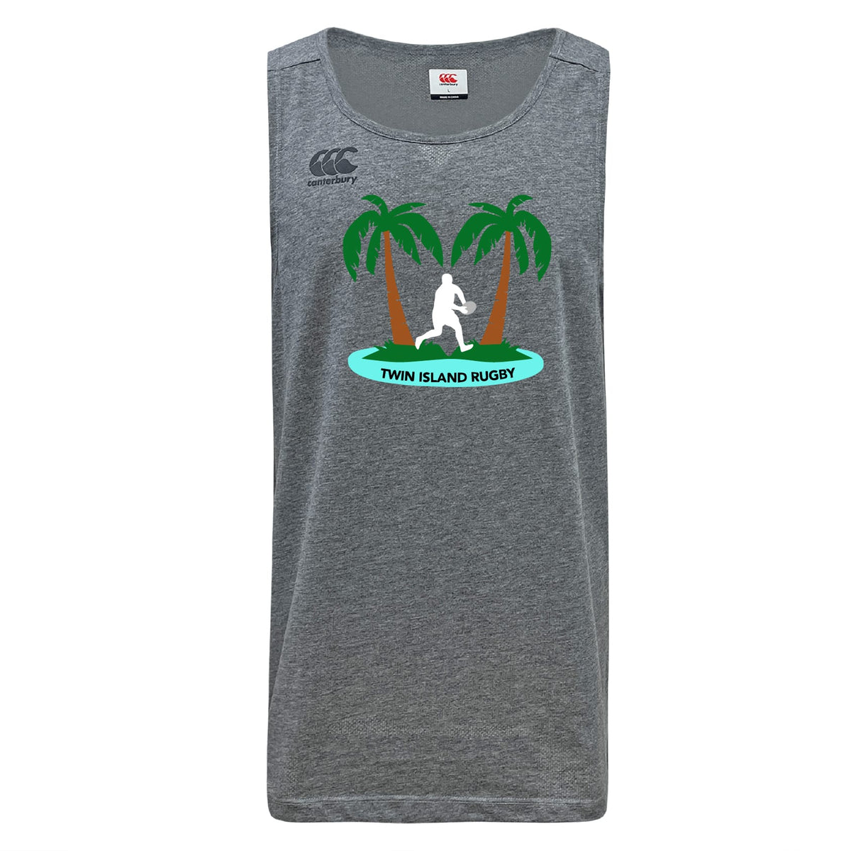 The WRS Canterbury Twin Island Rugby Tempo Vapodri Singlet features two palm trees, a white rugby player silhouette, and "TWIN ISLAND RUGBY" on the front, made from recycled polyester for eco-friendly performance.
