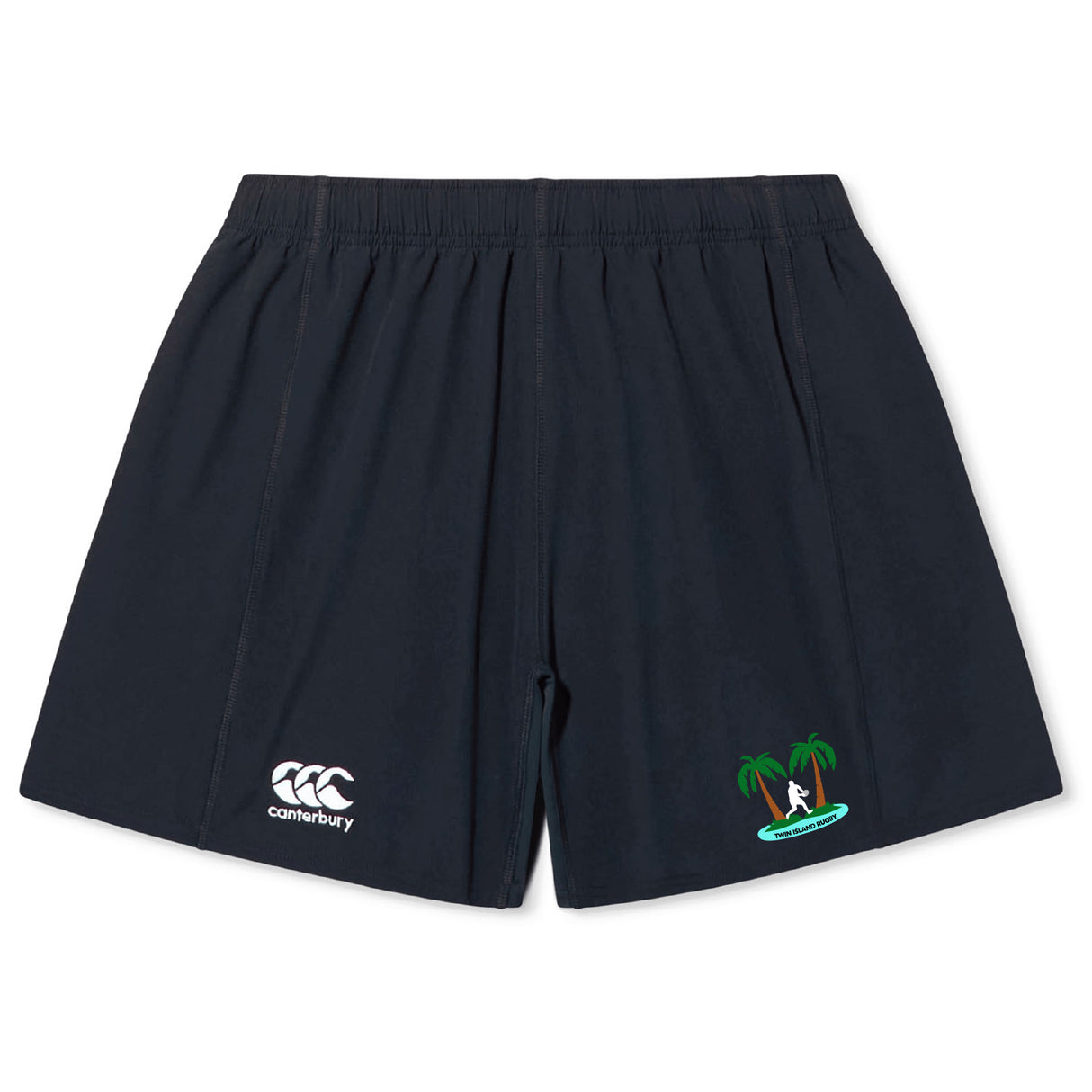 The Twin Island Rugby Yokohama Short by EMB Canterbury features an elastic waistband, a white Canterbury rugby logo on the left leg, and a small surfer with palm trees graphic on the right leg.