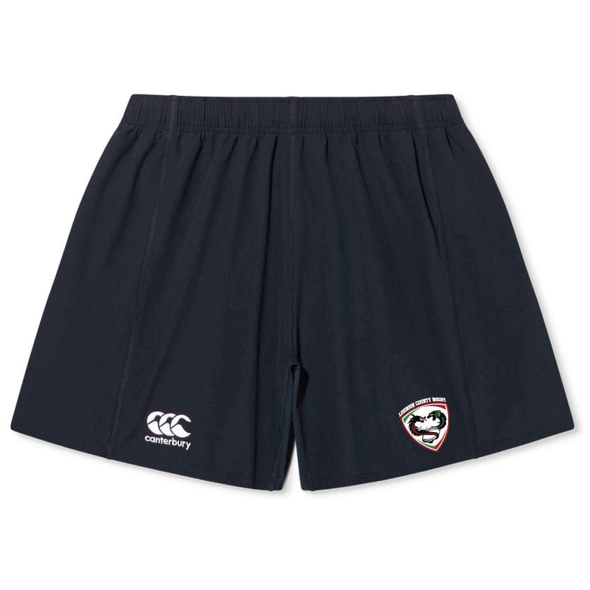 The Loudoun Yokohama Short by Canterbury, offered by EMB Canterbury, is made from durable fabric in black. It features an elastic waistband, adorned with a Canterbury logo on the left and a Leicester Tigers emblem on the right.