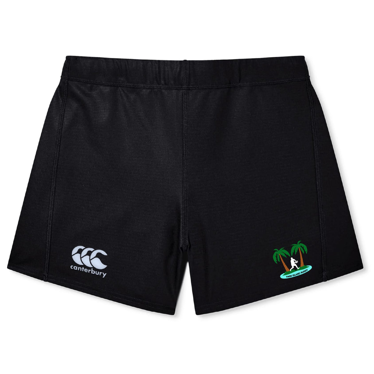 The Twin Island Rugby Women's Yokohama Short by EMB Canterbury features the Canterbury logo on the left leg and a surfing graphic between two palm trees on the right.
