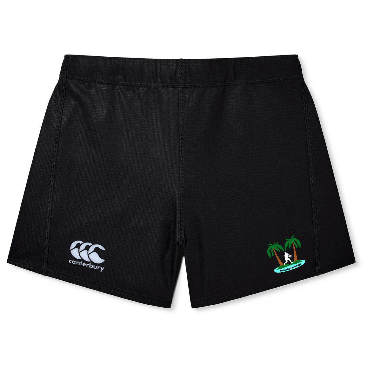 The Twin Island Rugby Women's Yokohama Short by EMB Canterbury features the Canterbury logo on the left leg and a surfing graphic between two palm trees on the right.