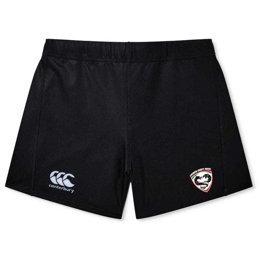 The Loudoun Women's Yokohama Short by EMB Canterbury sports the Canterbury logo on the left and a striking red and white team emblem on the right. Made from lightweight, durable fabric, these shorts ensure a comfortable fit, making them ideal for any active occasion.