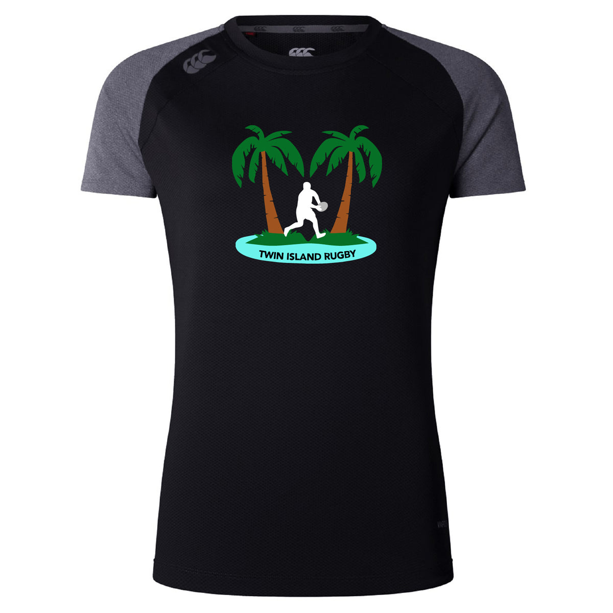 The Twin Island Rugby Women’s Elite Training Tee by WRS Canterbury is a lightweight, breathable black and gray shirt with palm tree and rugby player logo plus "TWIN ISLAND RUGBY" on a blue banner—ideal for workouts.