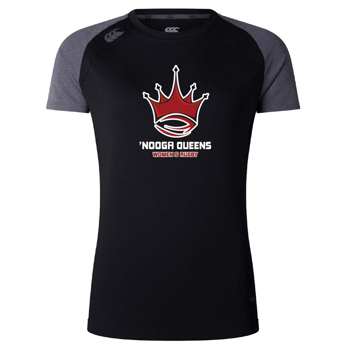 The Chattanooga Queens Rugby Women's Elite Training Tee by WRS Canterbury is a black and dark gray Vapodri jersey with short sleeves, red crown logo, and "’NOOGA QUEENS WOMEN’S RUGBY" text—made for elite comfort and performance.