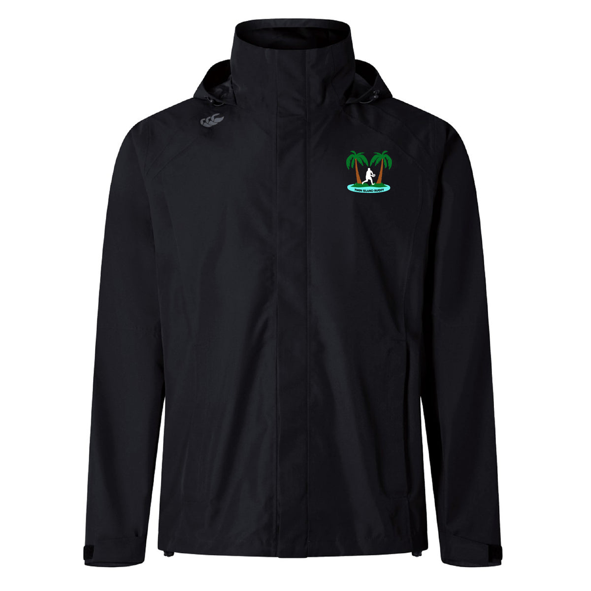 The Twin Island Rugby Elite Storm Jacket by EMB Canterbury is a black hooded jacket with a small embroidered palm trees and water logo on the left chest, a white logo on the right shoulder, and breathable fabric for all-day comfort.