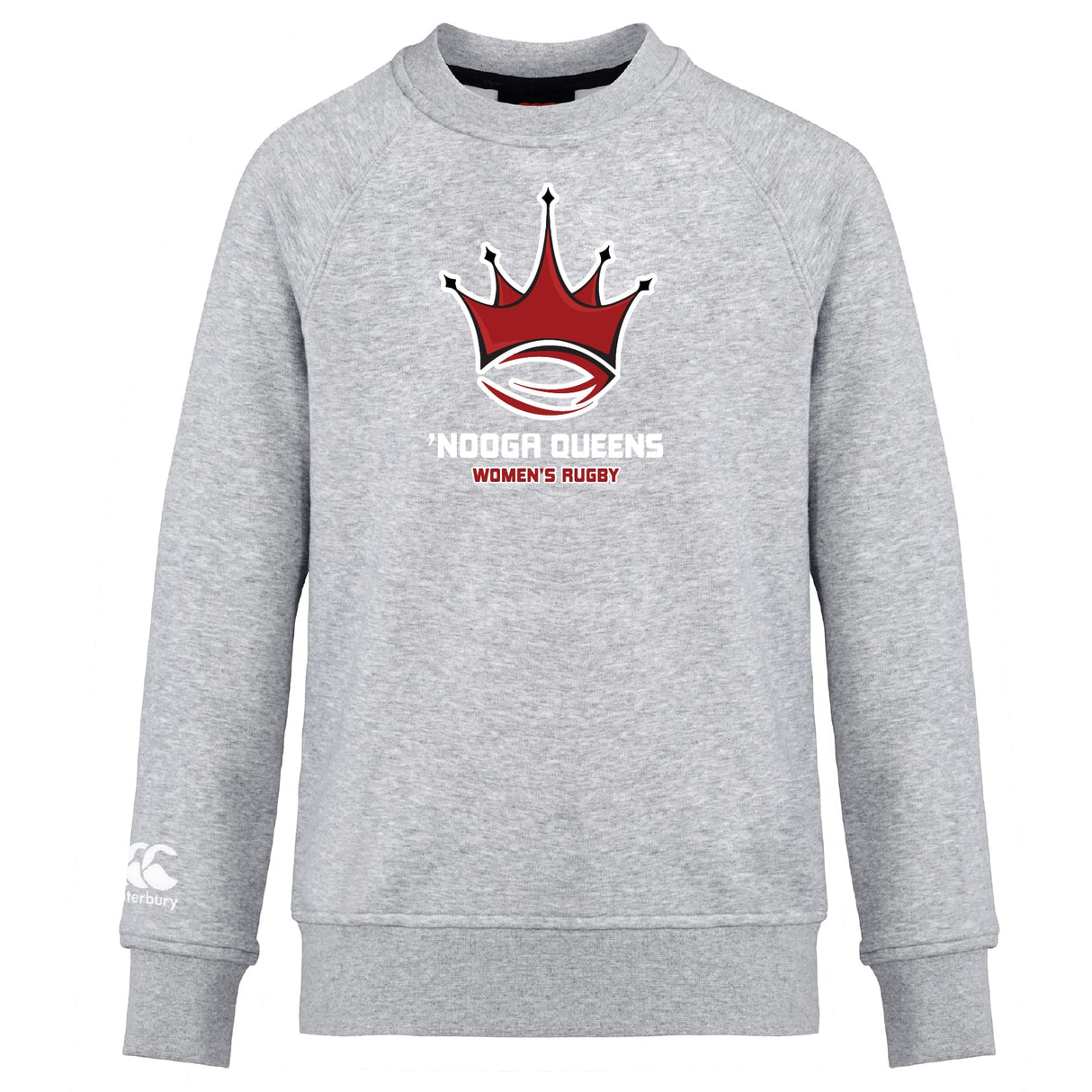 The Chattanooga Queens Rugby Club Crew Sweatshirt by WRS Canterbury is an ultra soft light gray sweatshirt with a red and black crown rugby ball logo and "NOOGA QUEENS WOMEN'S RUGBY" on the front, plus an embroidered CCC logo.