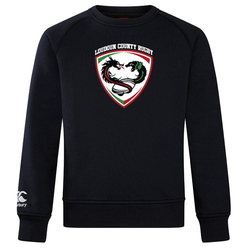 The Loudoun Club Crew Sweatshirt by WRS Canterbury showcases the Loudoun County Rugby logo prominently on the front, with an elegantly embroidered CCC logo discreetly located on the sleeve.