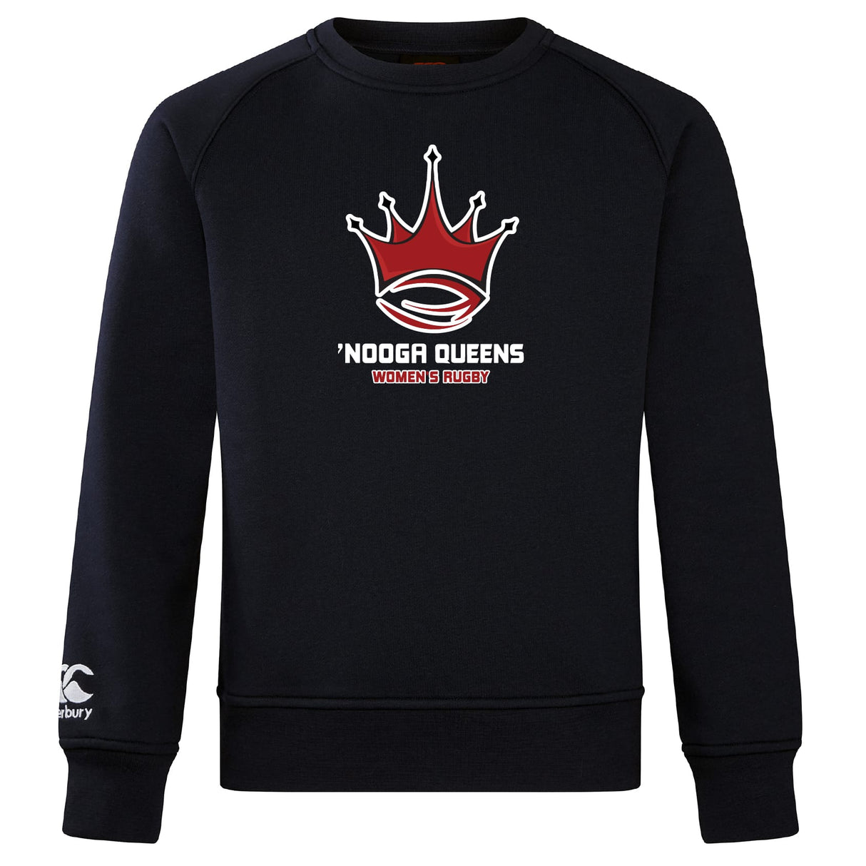 The Chattanooga Queens Rugby Club Crew Sweatshirt by Canterbury is a black, ultra-soft WRS Canterbury top with a red and white crown rugby logo and "'NOOGA QUEENS Women's Rugby" on the chest, plus an embroidered CCC sleeve logo.