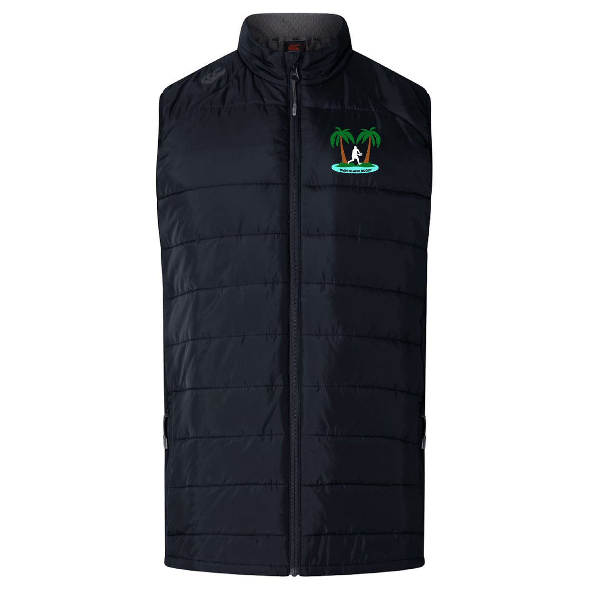 The Twin Island Rugby Women's Elite Microlite Gilet by EMB Canterbury is a black insulated vest with a front zipper and an embroidered logo of a person lounging under palm trees on the left chest.