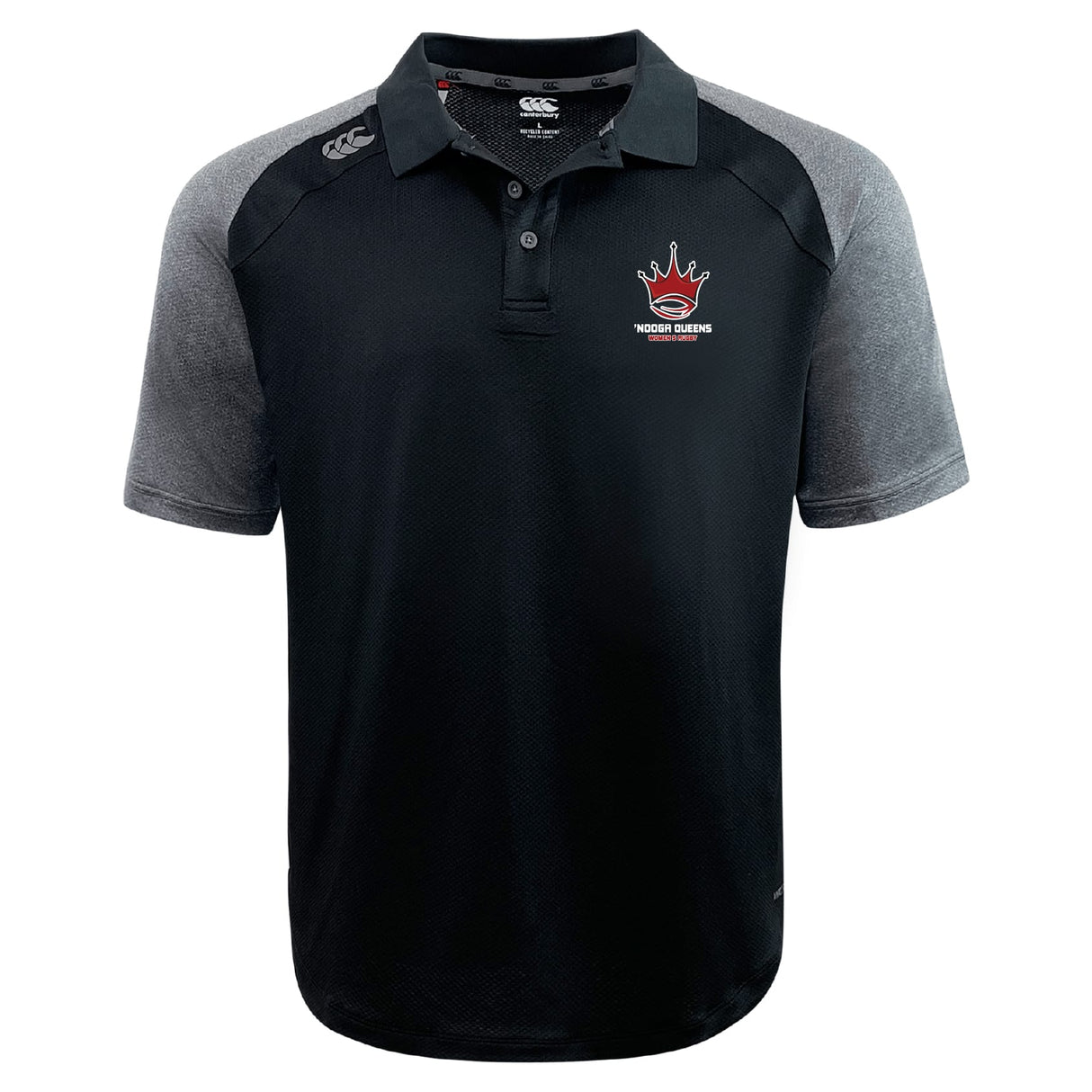 The Chattanooga Queens Rugby Elite Polo by EMB Canterbury is a black and gray short-sleeve polo crafted from lightweight Vapodri fabric, featuring a collar, buttons, and an embroidered "Hoops Dream" logo with red basketball and crown on the chest.