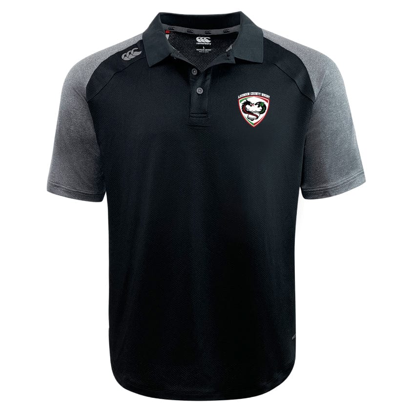 The Loudoun Elite Polo by EMB Canterbury in black and gray showcases a small embroidered logo on the left chest, features a branded collar, and is made with Vapodri fabrics for enhanced comfort.