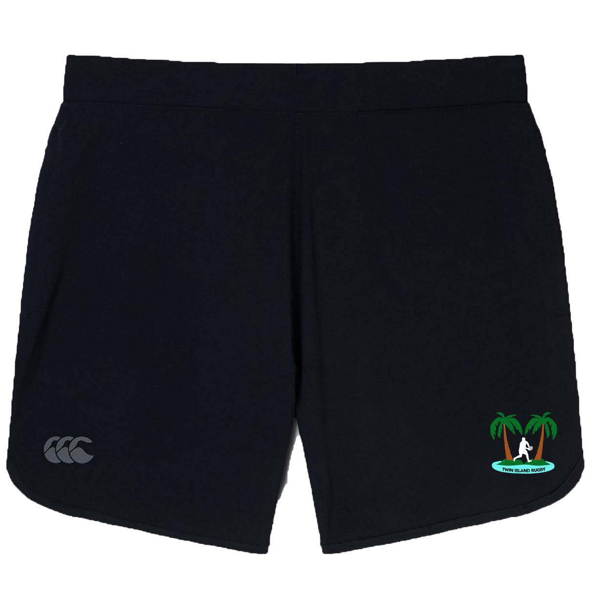 The Twin Island Rugby Elite Woven Short by EMB Canterbury features zippered pockets, a small twin palm and surfer logo, and a white CCC logo on the left leg—ideal for secure storage during training.