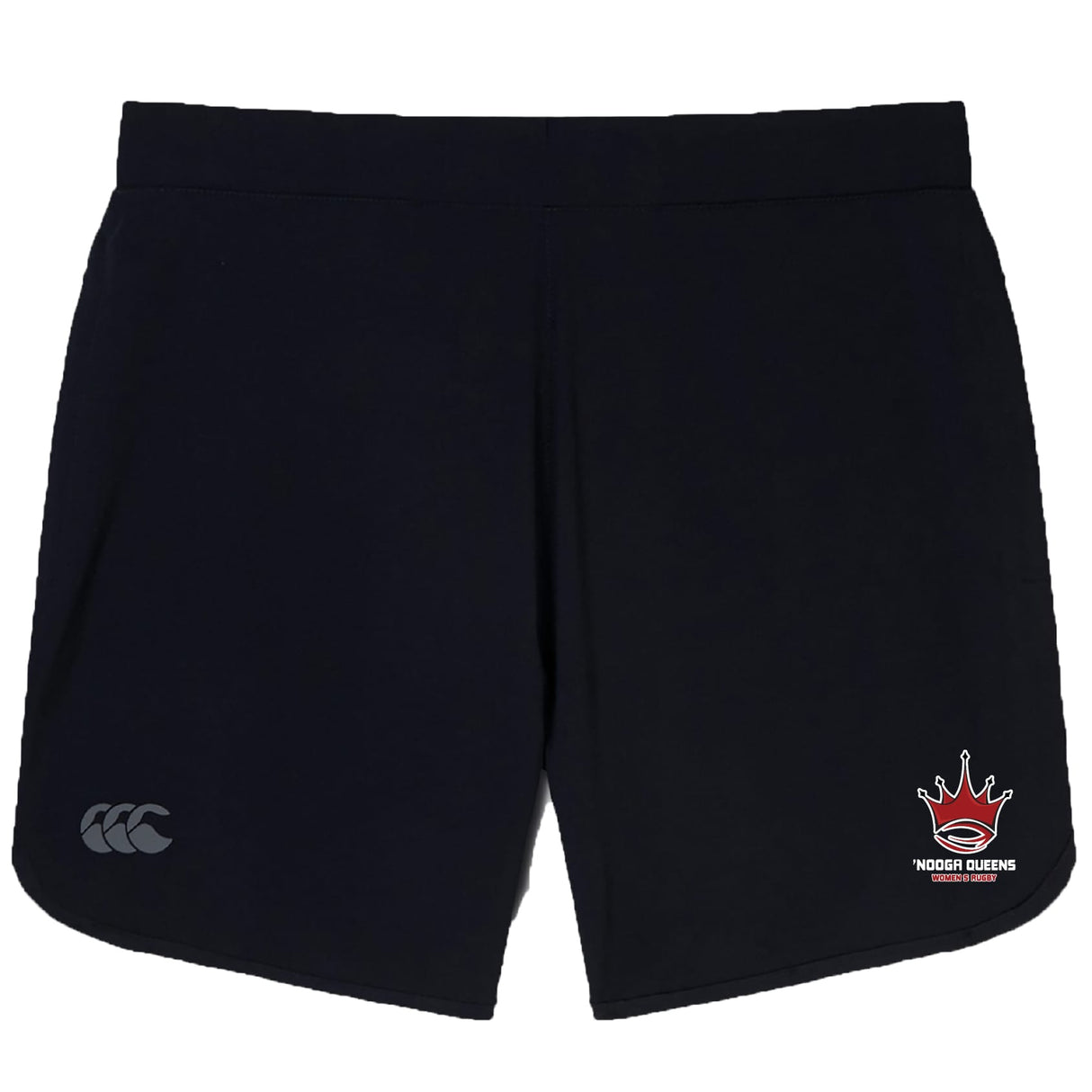 The Chattanooga Queens Rugby Elite Woven Short by EMB Canterbury features a crown and "NOGER QUEENS" text on the right leg plus a CCC logo on the left—ideal as your go-to training short.