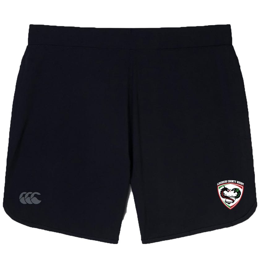Introducing the Loudoun Elite Woven Short by EMB Canterbury: black sports shorts showcasing a striking tiger head logo inside a red shield on the right leg and a subtle emblem on the left. Experience lightweight comfort while keeping all your essentials organized with convenient zippered pockets.