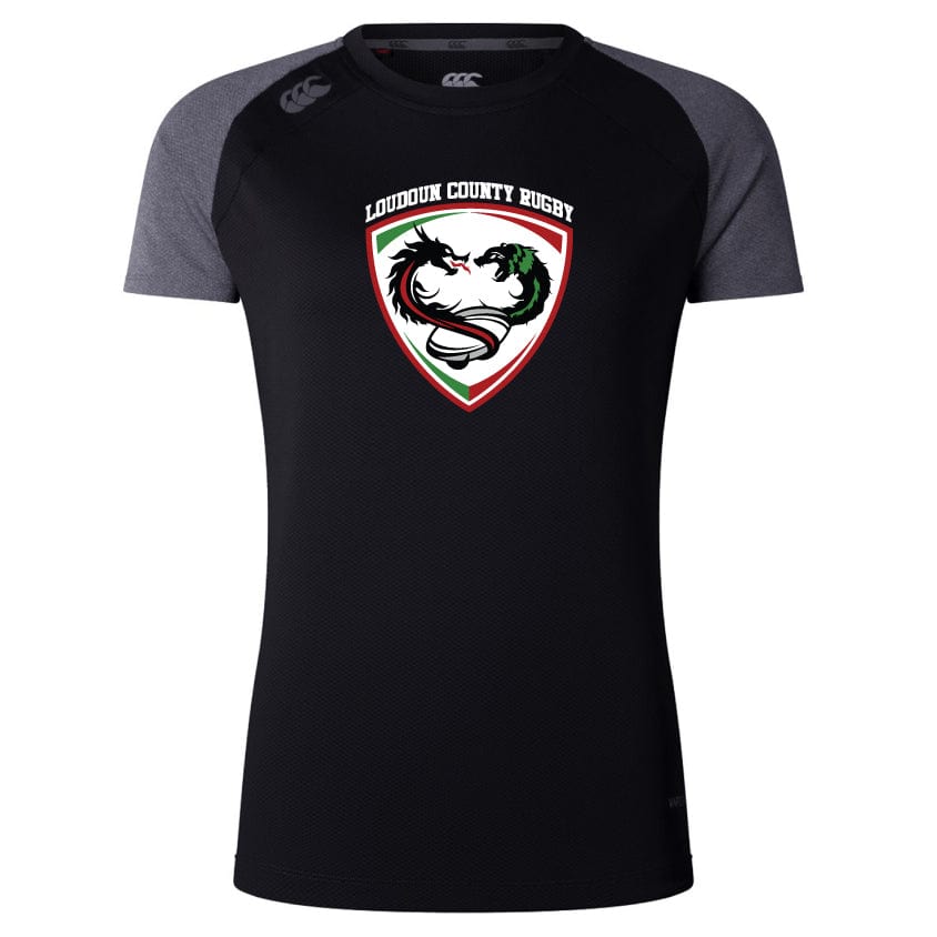 This Loudoun Women's Elite Training Tee by Canterbury, in black and gray, is made from lightweight recycled polyester and showcases a striking dragon design as part of the Loudoun County Rugby logo on the chest. Ideal for elite training with its robust style, this tee keeps you cool and comfortable thanks to Vapodri technology.
